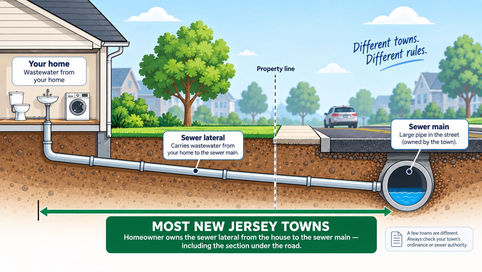 Cross-section of a house, yard and street showing the sewer lateral running from the home, under the property line and the road, to the town sewer main. In most New Jersey towns the homeowner owns the whole lateral, including the section under the road.